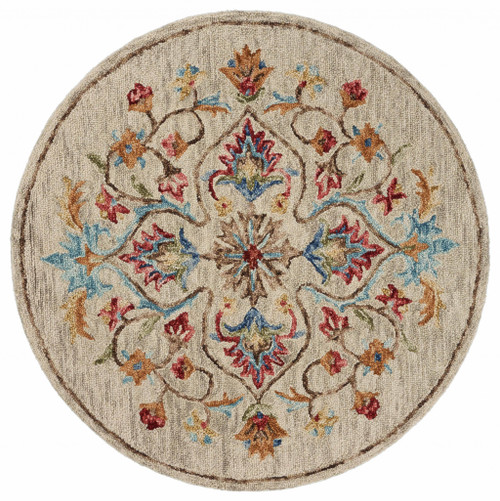 6' Round Beige Floral Medallion Area Rug (396159)