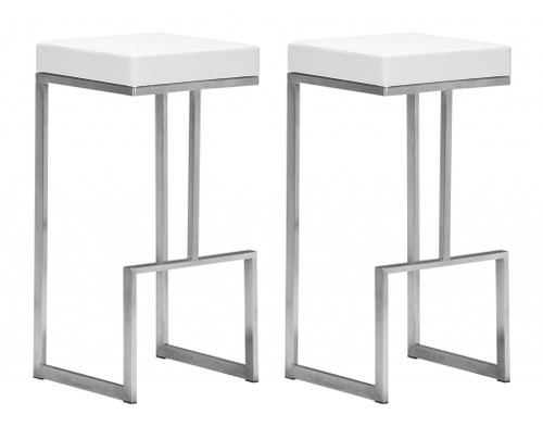 Set Of Two White Faux Leather And Stainless Geometric Backless Barstools (396353)