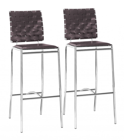 Set Of Two Brown Faux Leather And Steel Modern Basket Weave Bar Chairs (396448)