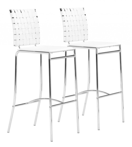Set Of Two White Faux Leather And Steel Modern Basket Weave Bar Chairs (396449)