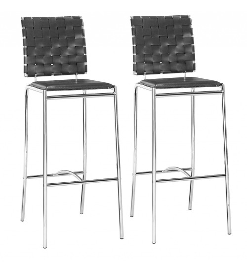 Set Of Two Black Faux Leather And Steel Modern Basket Weave Bar Chairs (396450)