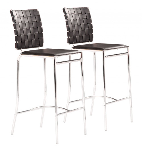 Set Of Two Black Faux Leather And Steel Modern Basket Weave Counter Height Chairs (396511)