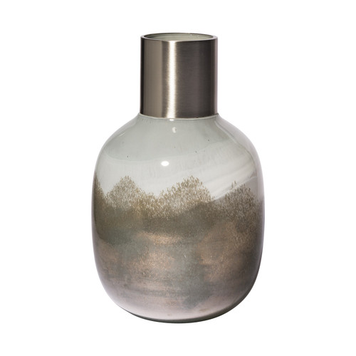 13" Cream And Brown Ombre Glass Vase With Dark Bronze Top (397562)