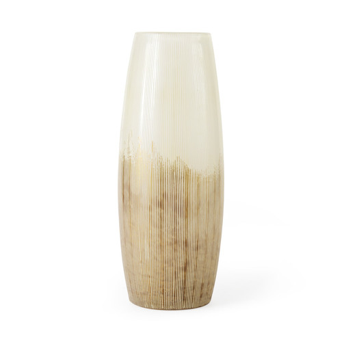 14" Creamy White And Gold Ombre Striped Glass Vase (397580)