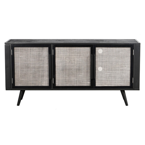 Rustic Black And Rattan Media Cabinet With Three Doors (397765)