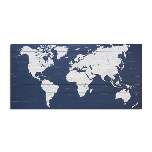 Blue And White World Map Wood Plank Wall Art (401648)