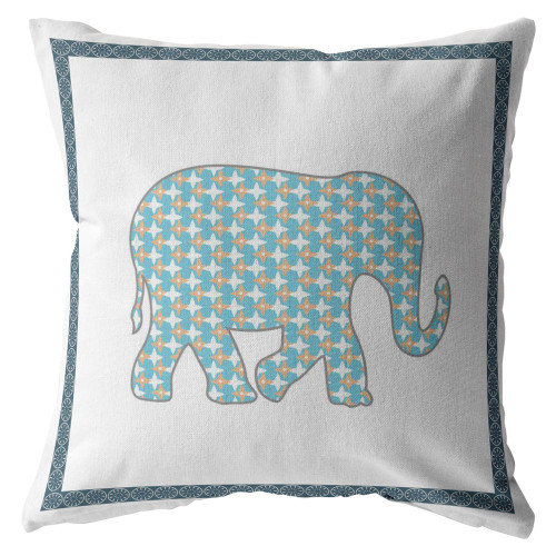 26" Blue White Elephant Indoor Outdoor Zippered Throw Pillow (412908)