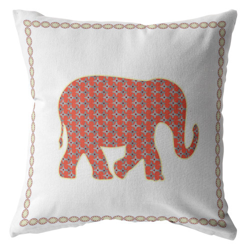 26" Orange White Elephant Indoor Outdoor Zippered Throw Pillow (412916)