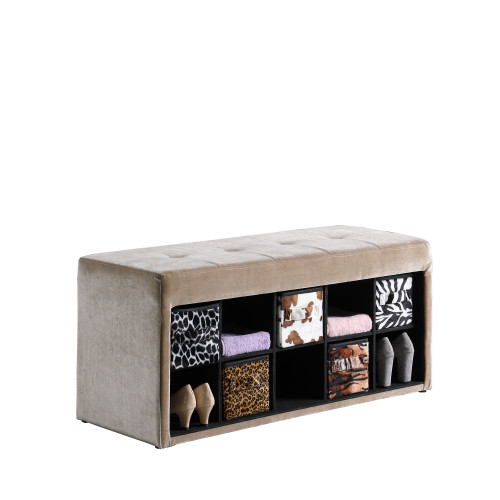 Beige Velour Storage Bench With Exotic Animal Print Baskets (469371)