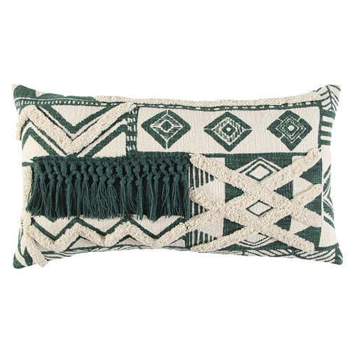Ivory Green Geometric Boho Chic Lumbar Pillow (403451)