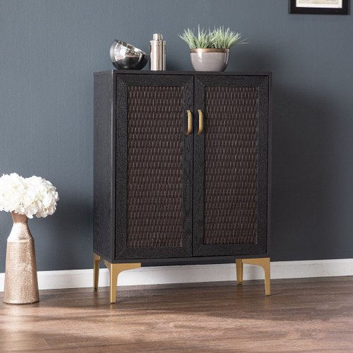 Modern Rustic Black Gold And Faux Rattan Bar Cabinet (401699)