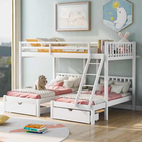 White Full Over Double Twin Triple Bunk Beds With Drawers (403618)