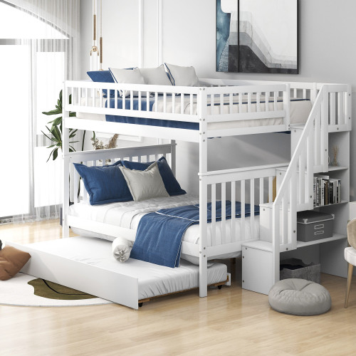 White Full Over Full Farmhouse Style Bunk Bed With Trundle And Staircase (403665)