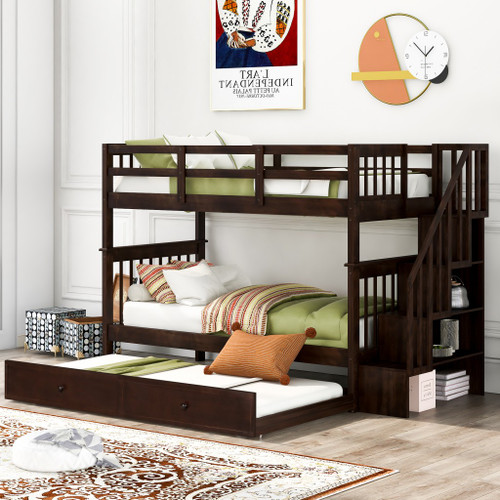 Brown Double Twin Size Stairway Bunk Bed (404031)