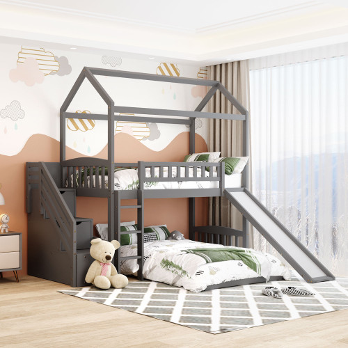 Gray Twin Over Twin Playhouse Perpendicular Bunk Bed With Slide (404050)