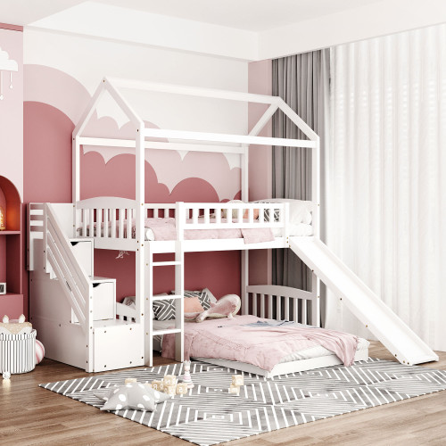 White Twin Over Twin Playhouse Perpendicular Bunk Bed With Slide (404051)
