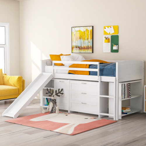 White Twin Size Low Loft Bed With Cabinets And Slide (404192)