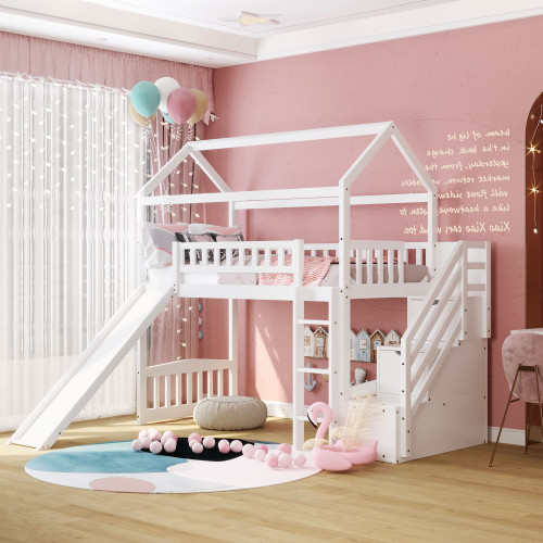 Cool White Twin Size Loft Bed With Slide And Storage (404232)