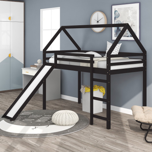 Brown Twin Size Slide House Loft Bed (404213)