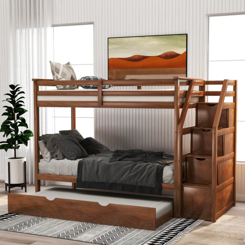 Walnut Twin Over Twin Bunk Bed With Trundle (403908)
