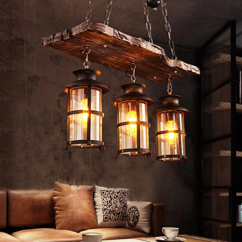 Rustic Wood And Metal Three Light Hanging Lantern Chandelier (475564)