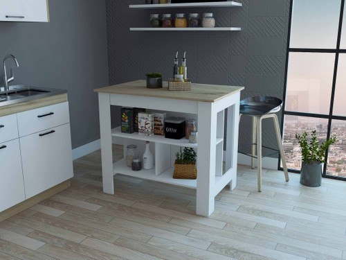 Light Oak And White Kitchen Island With Three Storage Shelves (474098)