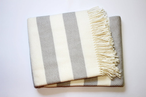 Cream And Gray Slanted Stripe Fringed Throw Blanket (475715)