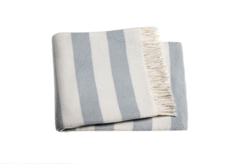 Cream And Sky Blue Slanted Stripe Fringed Throw Blanket (475717)