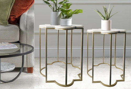 Set Of Two White Marble And Gold Quatrefoil Nesting End Tables (475901)