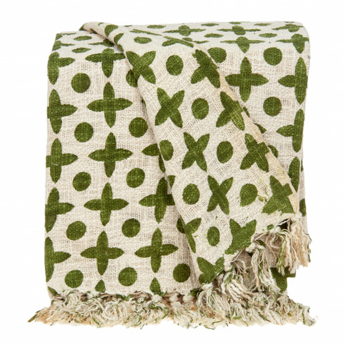 Olive Green And Beige Cotton Woven Handloom Throw (476197)