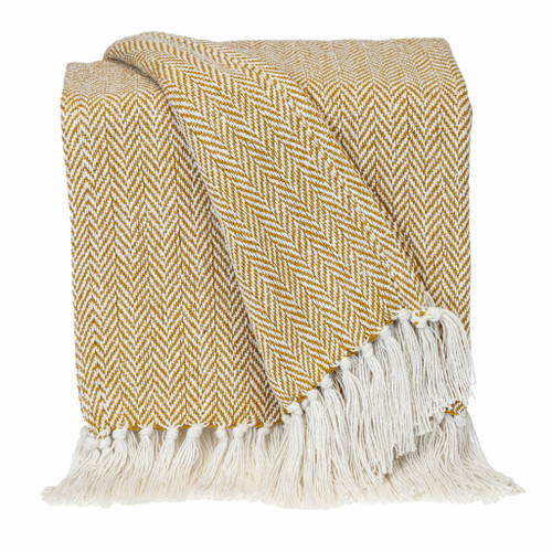 Handloomed Yellow Ochre Cotton Throw Blanket With Tassels (476198)