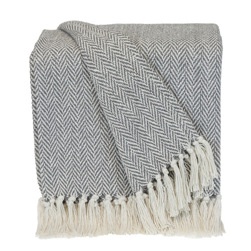 Handloomed Light Gray Cotton Throw Blanket With Tassels (476199)
