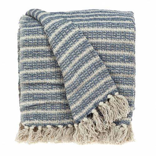 Blue Gray And Beige Cotton Handloom Throw Blanket (476204)