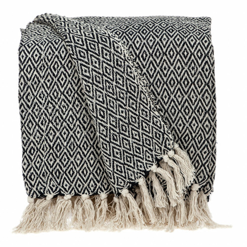 Boho Black And Beige Woven Diamond Pattern Throw With Tassels (476206)
