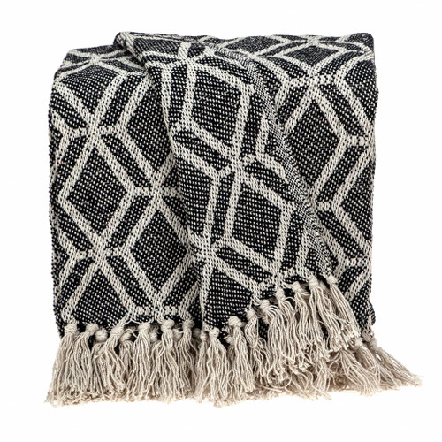Grey And Beige Handloom Geometric Woven Throw Blanket (476210)