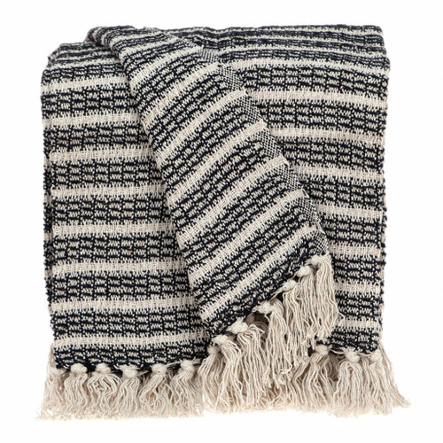 Black And Beige Striped Woven Handloom Throw Blanket (476219)