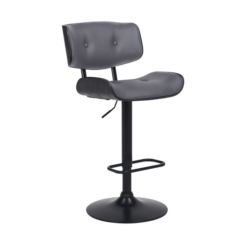 Adjustable Gray Tufted Faux Leather And Black Wood Swivel Barstool. (476852)