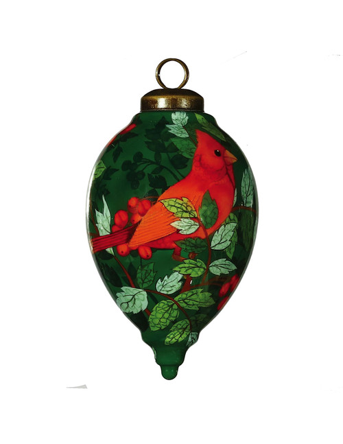 Red Cardinal On The Holly Hand Painted Mouth Blown Glass Ornament (477470)