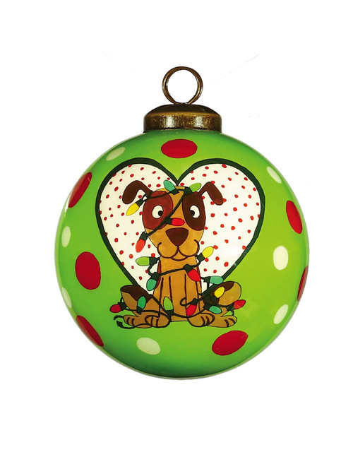Charming Dog In A Heart Hand Painted Mouth Blown Glass Ornament (477473)