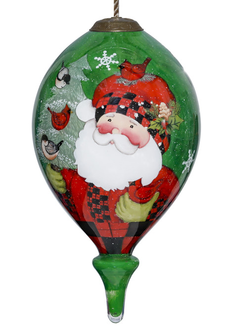 Plaid Santa With Cardinals Hand Painted Mouth Blown Glass Ornament (477496)