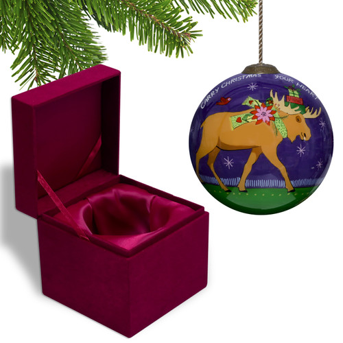 Christmas Moose Walking Hand Painted Mouth Blown Glass Ornament (477507)