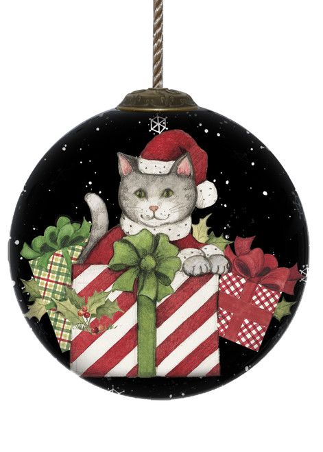 Christmas Cat With Presents Hand Painted Mouth Blown Glass Ornament (477533)