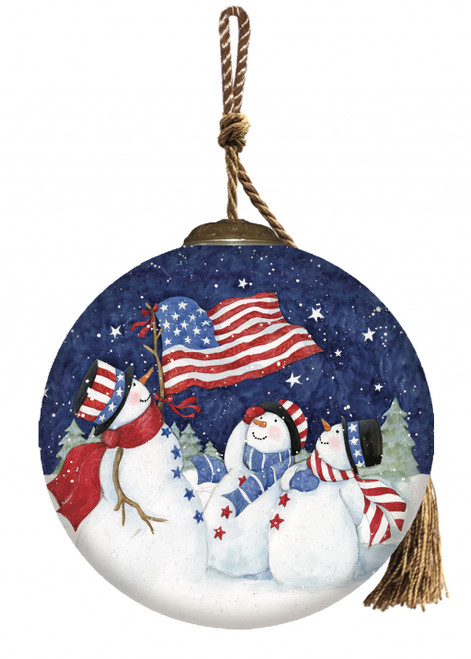 Three Snowman And An American Flag Hand Painted Mouth Blown Glass Ornament (477549)