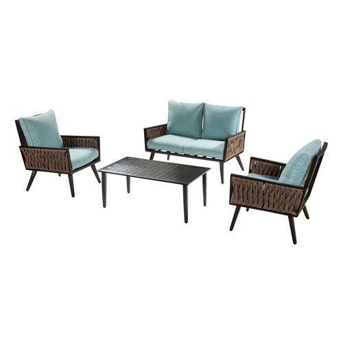 Brown Woven And Pale Aqua Outdoor Sofa Seating And Table Set (476408)