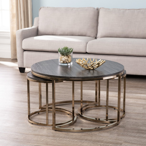32" Champagne And Charcoal Manufactured Wood And Metal With Iron Round Coffee Table (402085)