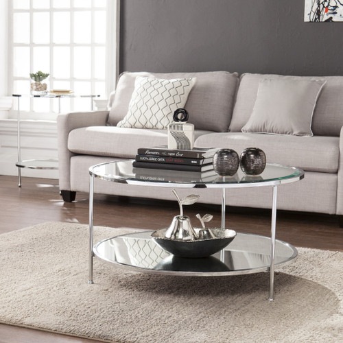 34" Chrome Glass And Metal Round Mirrored Coffee Table (402099)