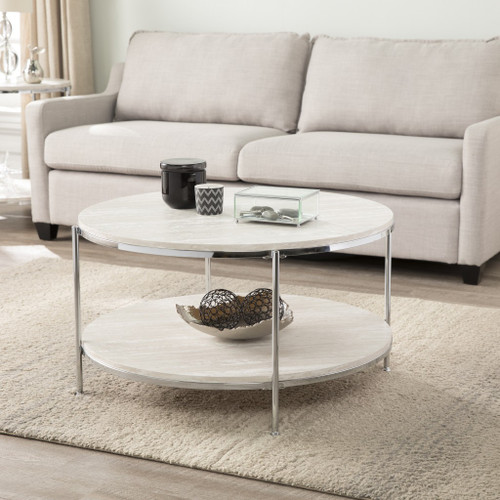 33" Chrome Faux Marble And Metal Round Coffee Table (402111)