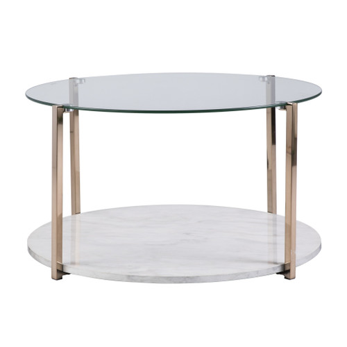33" Gold Glam Glass And Faux Marble Two Tier Round Coffee Table (402128)