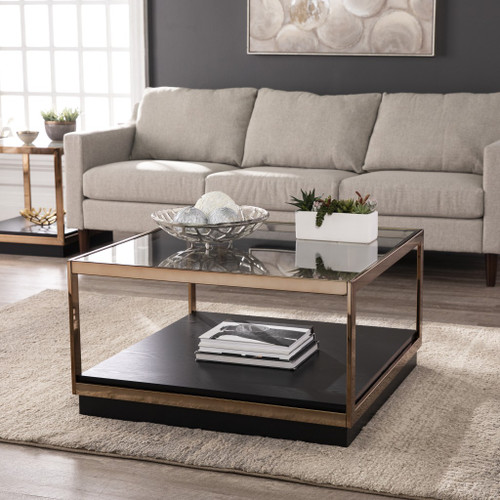 33" Champagne Glass And Solid Manufactured Wood Square Coffee Table (402170)
