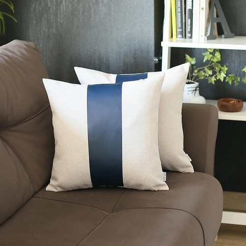Set Of Two 17" X 17" Navy Blue Solid Color Zippered Handmade Faux Leather Throw Pillow Cover (410582)